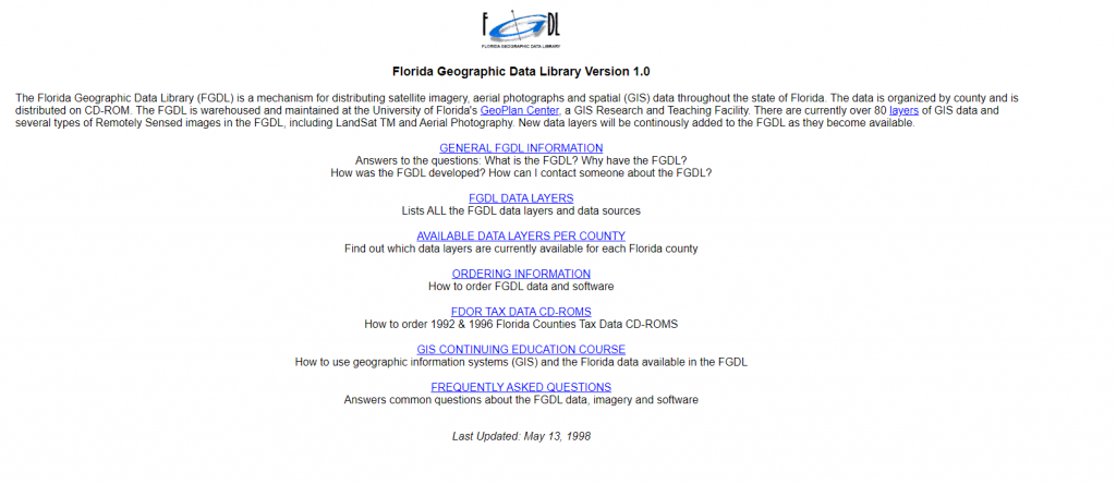The front page of the FGDL website in 1998. It is a list of simple text and links on a white background, featuring the original FGDL logo on top.